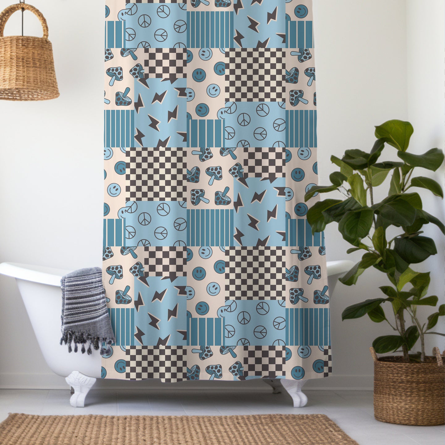 Shower Curtain Personalized boys patchwork, kids shower curtain retro, shower curtain boho, custom shower curtain, vintage shower curtain
